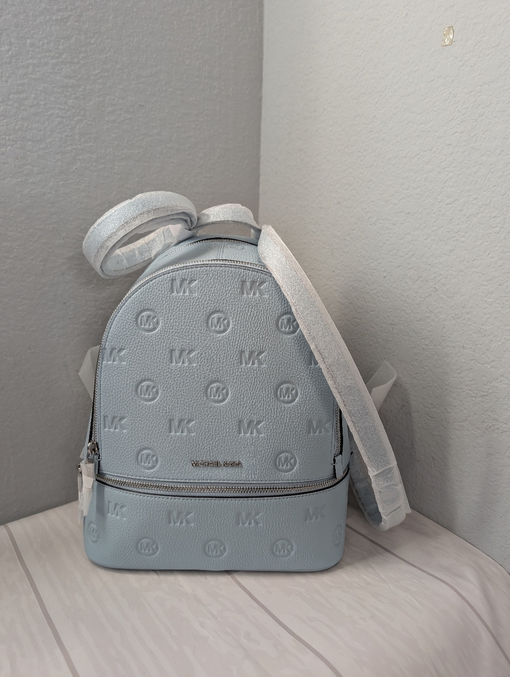 NWT Michael Kors Rhea Medium Logo Debossed Backpack In Pale Ocean